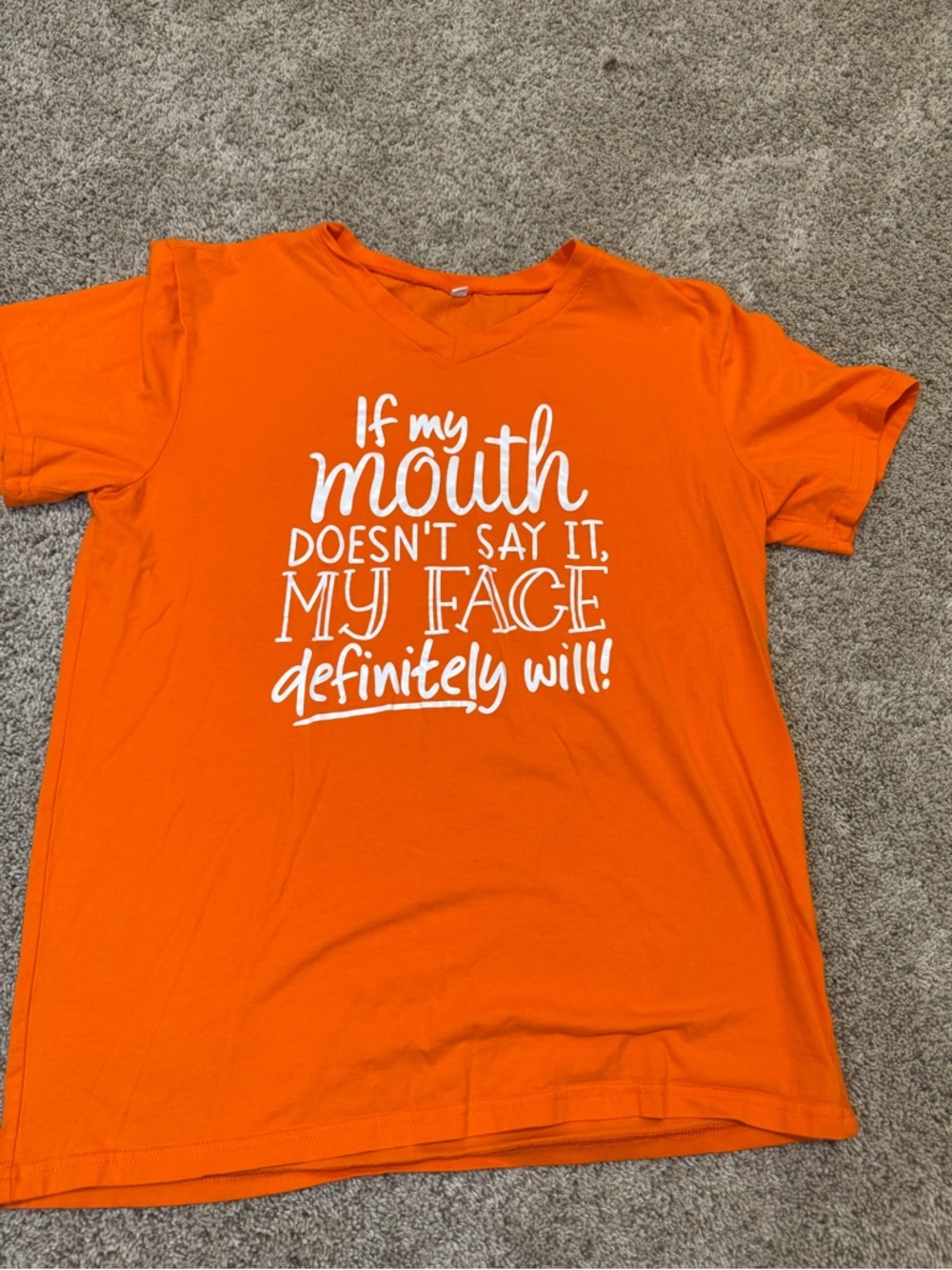Graphic V-Neck Tee - Orange with White Script woman size M